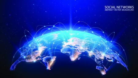 Stylised globe with digital connections between cities.