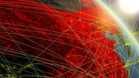 China from space on realistic model of planet with network