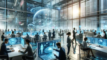 A futuristic office space with workers at desks and space holograms above them
