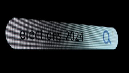 Pixel screen with animated search bar, keywords elections 2024 typed in