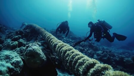 Underwater Divers Inspecting Submerged Ocean Cable